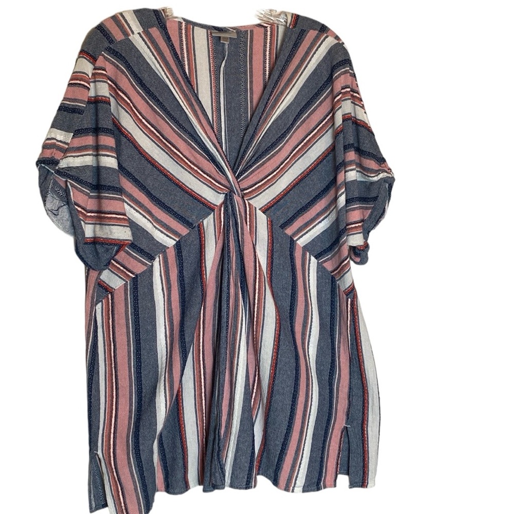 Avenue Stripped Top Plus 18/20 Pink Gray V-Neck Ruched Batwing Boho Side Slits